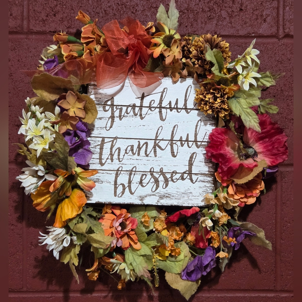 Colorful Autumn Wreath with Orange Ribbon And Thankful Sign